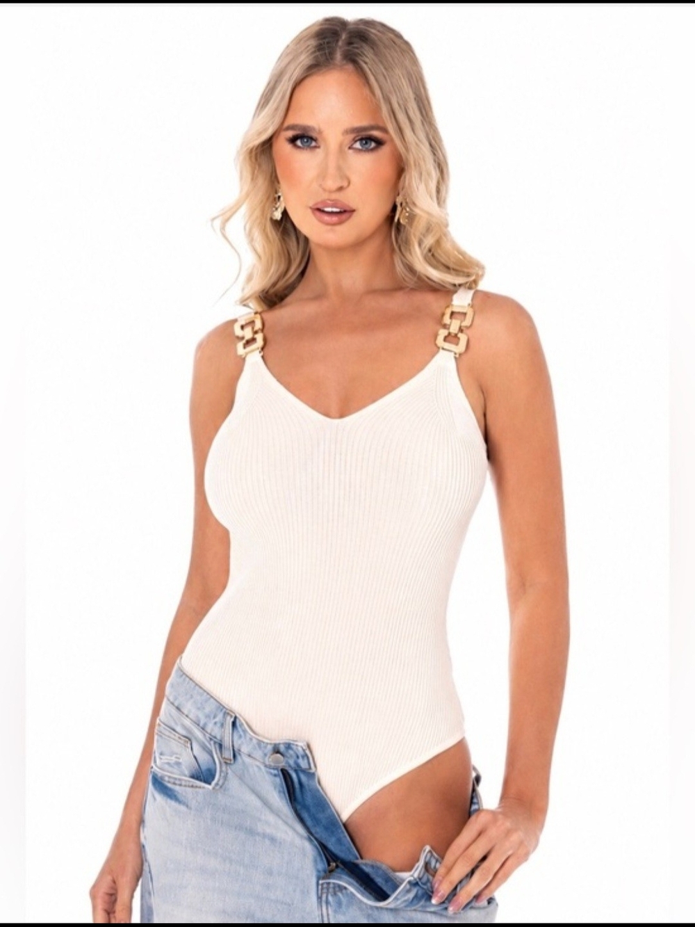 Ribbed Cream Tank Bodysuit with Gold-Link Straps